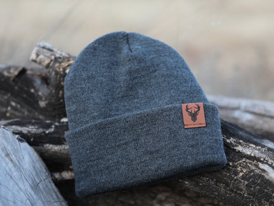 Knit Beanie with Cuff and Buck Leather Patch